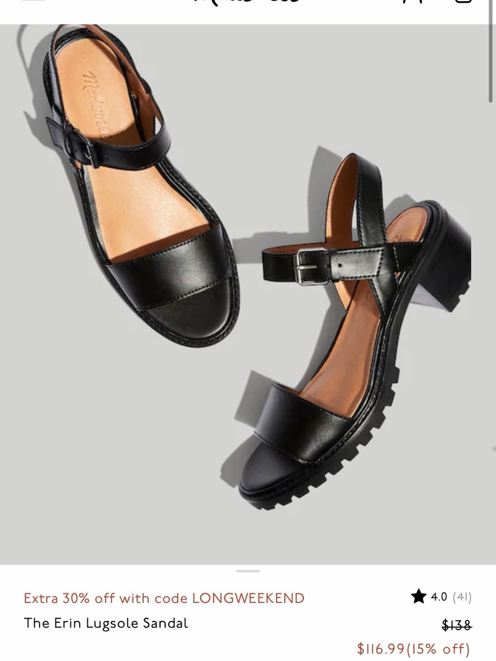 Madewell Erin Lugsole Sandal - Black - Size 8